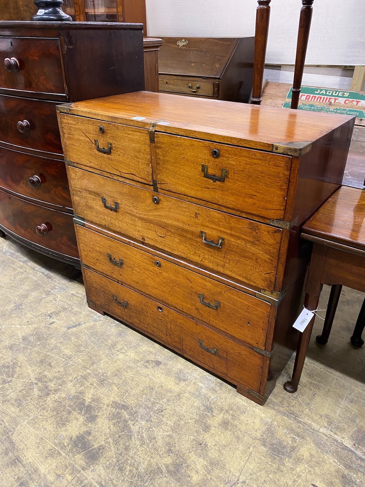 A 19th century brass mounted teak two part military chest, width 92cm, depth 46cm, height 94cm